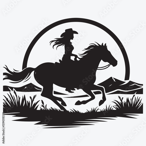 Silhouette cowgirl riding horse. Vector stock illustration
