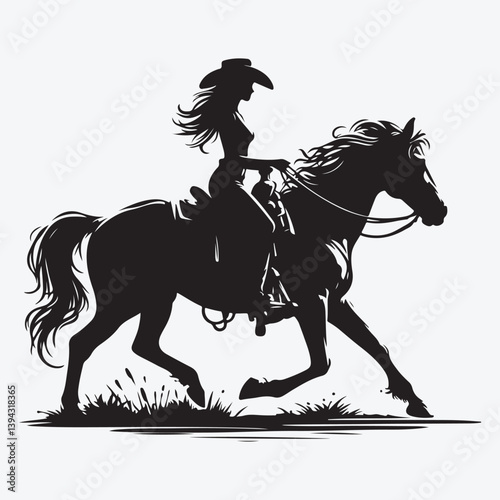 Silhouette cowgirl riding horse. Vector stock illustration
