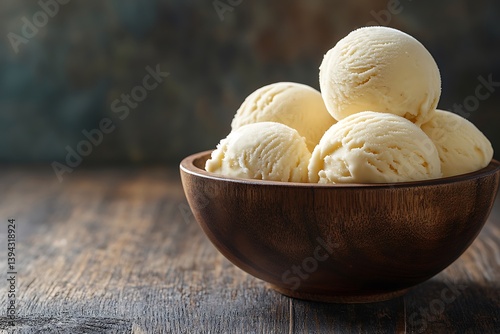Creamy vanilla ice cream in rustic bowls on dark wooden table