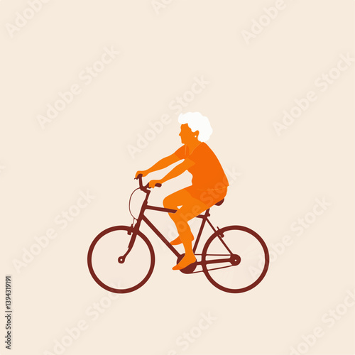 Elderly woman riding a bicycle illustration. Symbolizes active aging, senior women's health, independence, fitness, and leisure in later life. Flat vector style. 