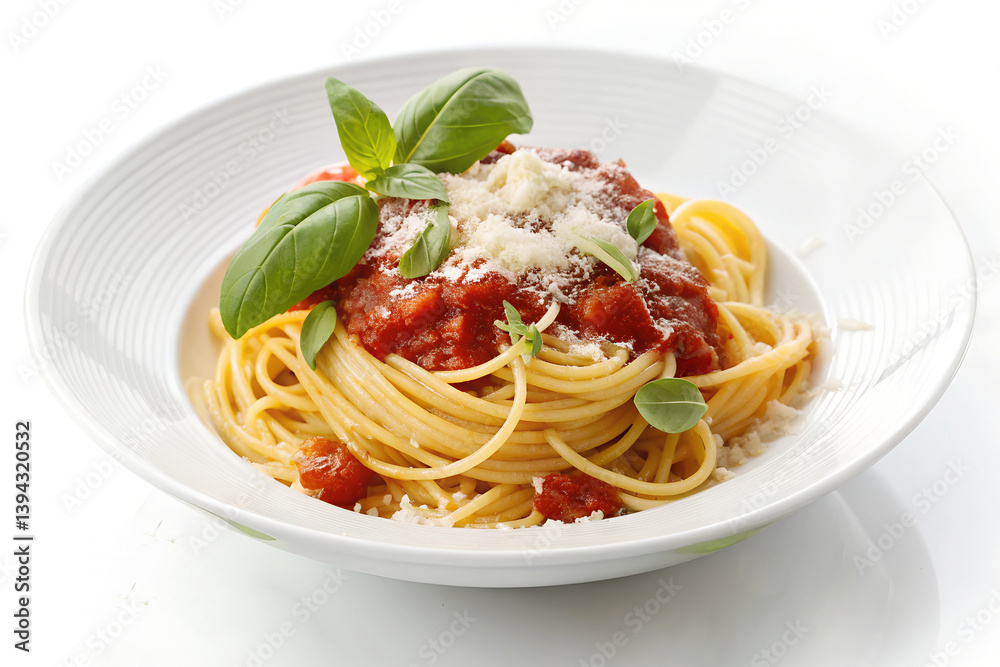Spaghetti with Tomato Sauce, Parmesan, and Basil – High-Resolution Italian Pasta Dish on White Plate, Minimalist Food Photography