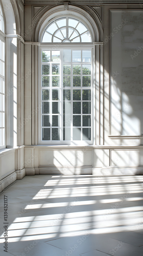 Sunlight streams through grand arched window in a white conservatory Sunlight streams through grand arched window in a white conservatory