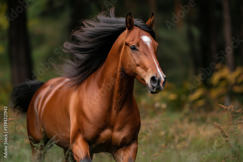 A brown horse with a black mane and tail is running through a field