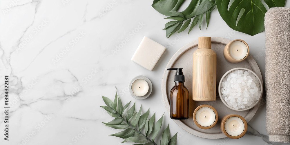 A white marble countertop with a wooden tray and a variety of bath A white marble countertop with a wooden tray and a variety of bath