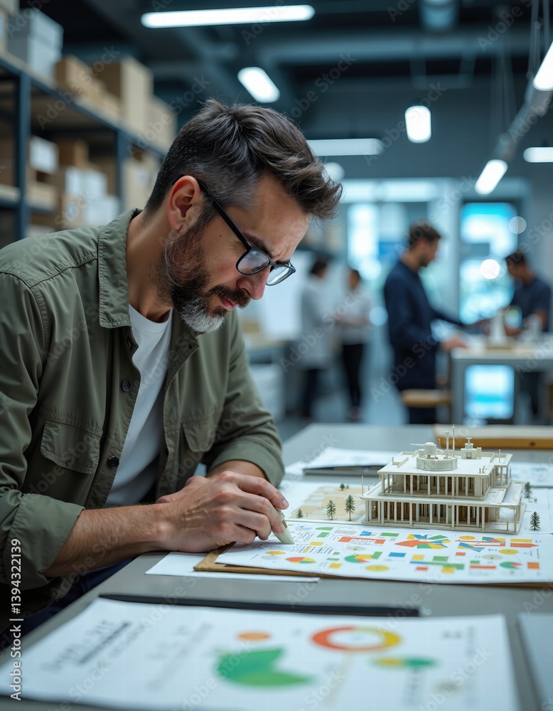 Fototapeta premium Caucasian male architect analyzing architectural model and blueprints in modern office