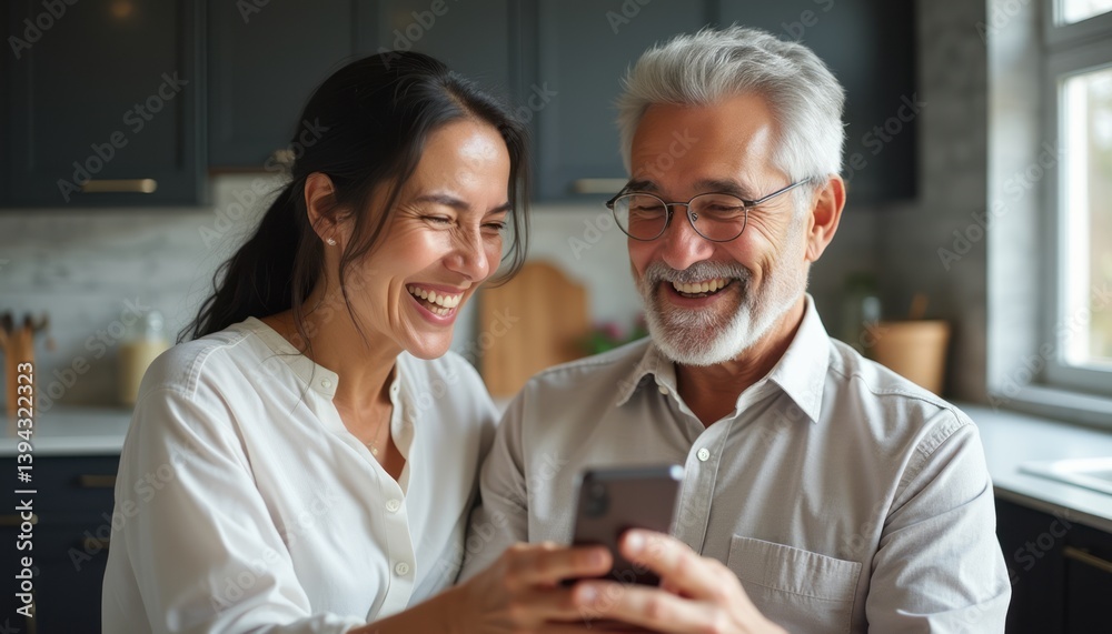 A cheerful middle-aged couple, a woman with long dark hair and a man with gray hair and glasses, share a delightful moment as they look at a smartphone together. Their laughter fills the cozy kitchen A cheerful middle-aged couple, a woman with long dark hair and a man with gray hair and glasses, share a delightful moment as they look at a smartphone together. Their laughter fills the cozy kitchen