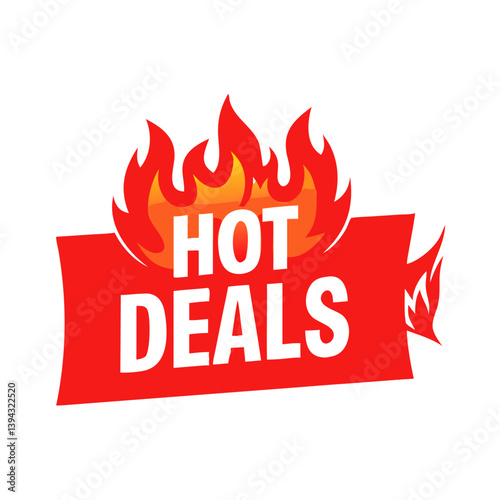 Hot deals text on red flag with flames