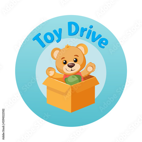 Toy drive bear in cardboard box on blue circle