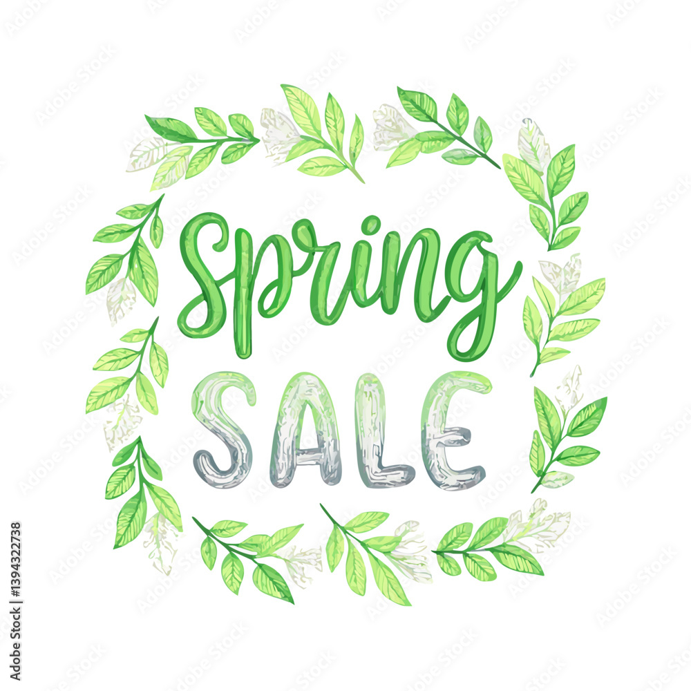 Spring sale text in leafy wreath illustration Spring sale text in leafy wreath illustration