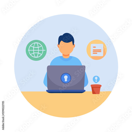 Man working securely on laptop with globe background