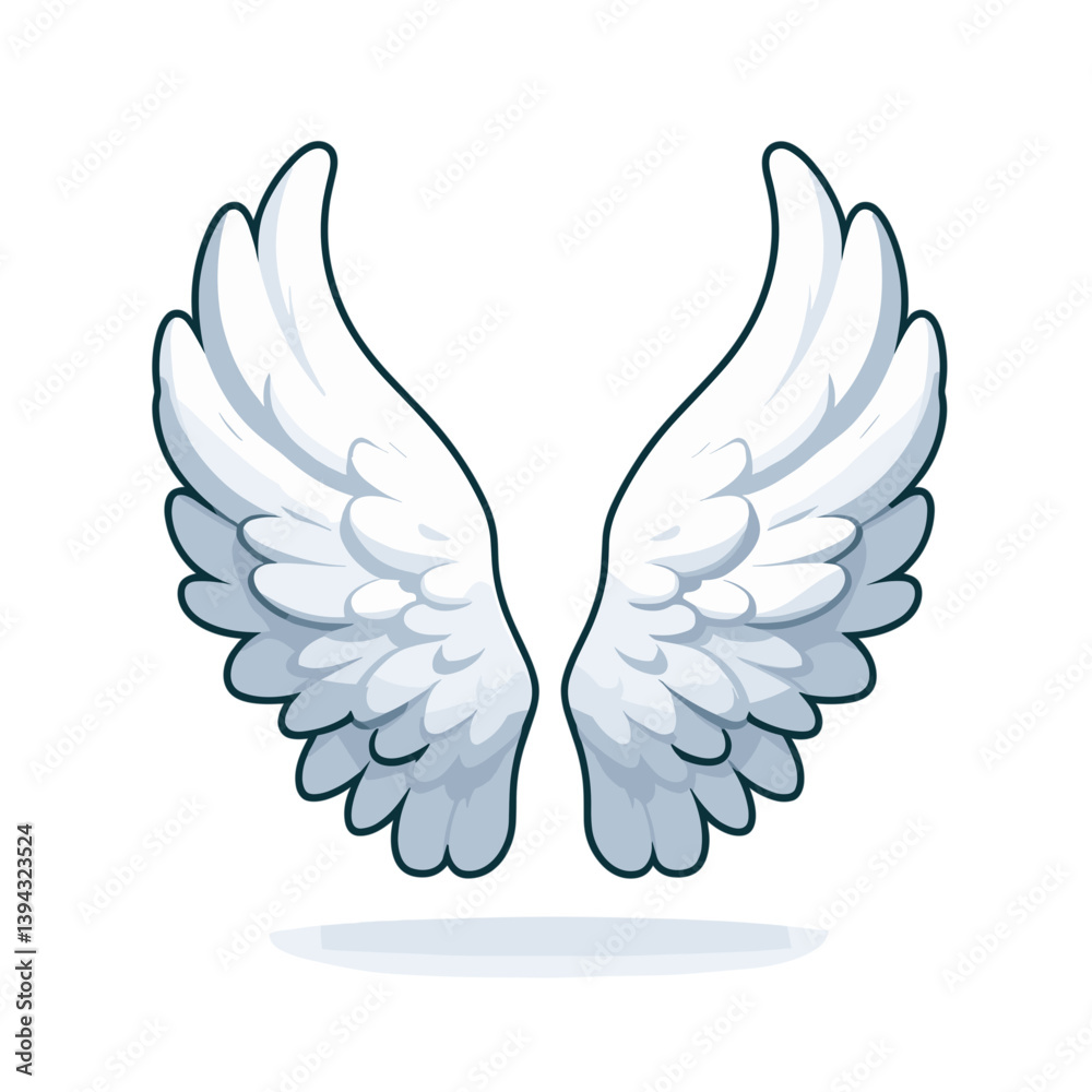 Fototapeta premium White angel wings with feather detail. Perfect for religious themes, spiritual symbolism, memorial service graphics, or heavenly concepts in inspirational content.