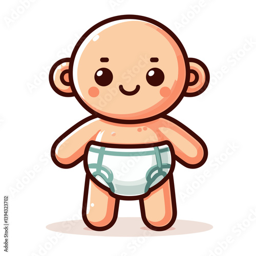 Cute cartoon baby in diaper with smiling face. Perfect for nursery product marketing, baby care illustrations, parenting app designs, or infant development content.