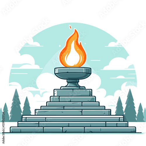 Eternal flame monument on stone pedestal in minimalist landscape. Perfect for memorial concepts, patriotic ceremonies and historical commemoration designs.