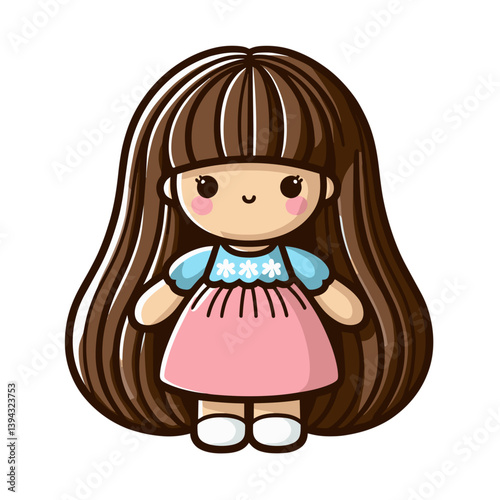 Cute cartoon doll with long brown hair in pink dress. Ideal for children's toys, nursery decorations and childhood nostalgia illustrations.