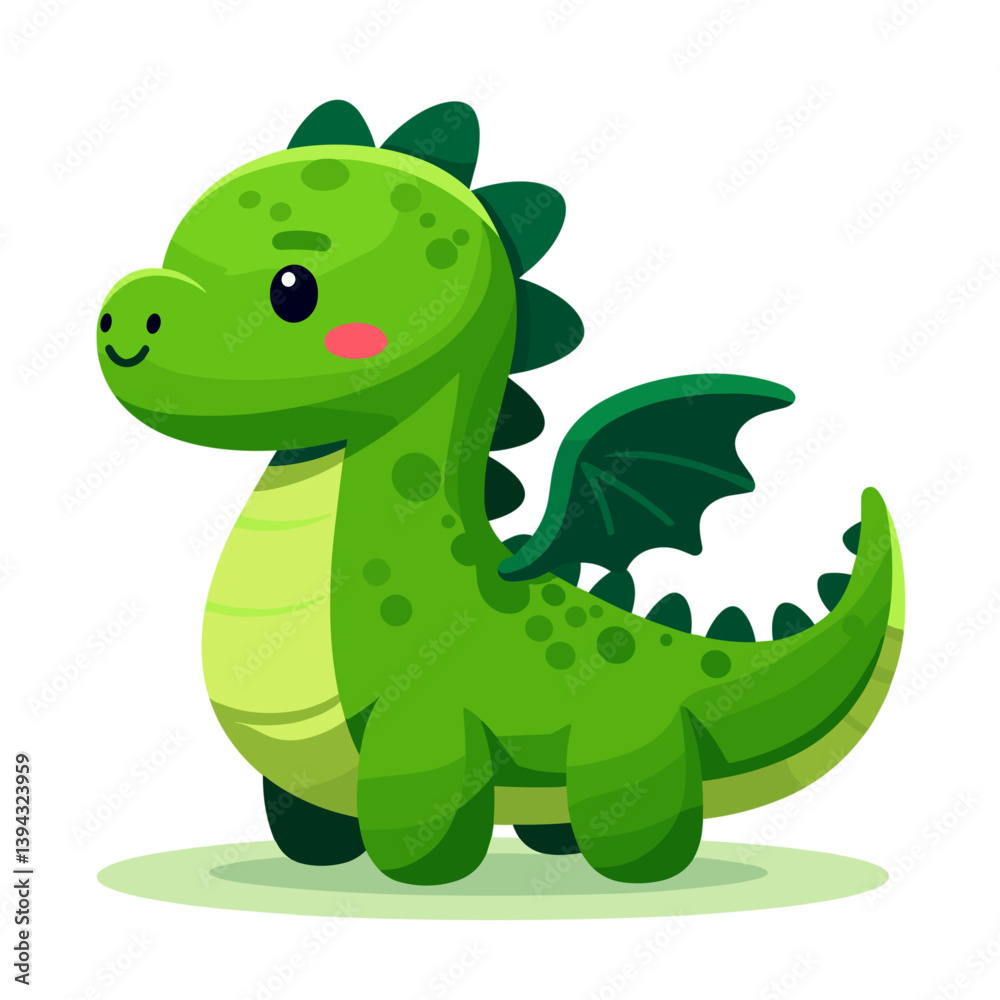 Fototapeta premium Cute cartoon dragon dinosaur in bright green color. Ideal for children's content, fantasy character design, and animated story illustrations.