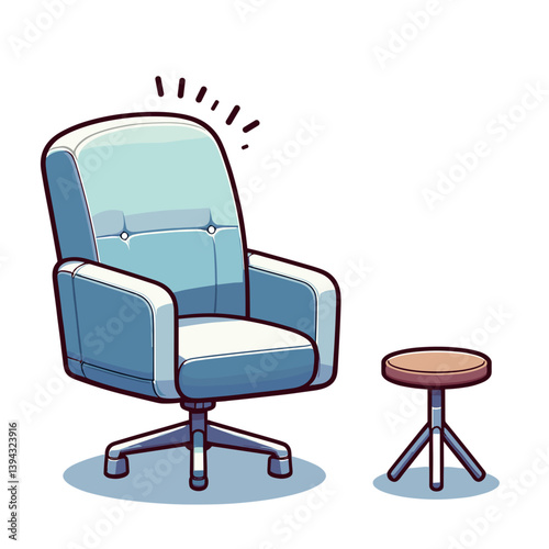 Blue office chair with footstool in modern minimalist style. Ideal for workspace furniture displays, remote work setup guides, and ergonomic office solutions.