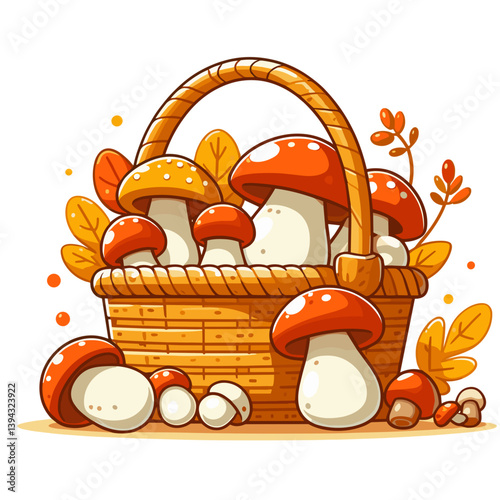 Wicker basket with mushrooms in autumn warm colors with foliage. Perfect for foraging activities, seasonal harvest and natural food illustrations.