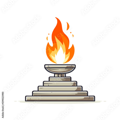 Eternal flame monument on stone pedestal in orange and gray. Ideal for memorial concepts, historical tributes, and ceremonial commemoration illustrations.