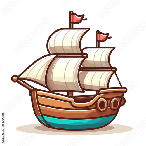 Cartoon pirate ship with white sails, maritime adventure vessel. Perfect for children's stories, historical themes, adventure games, and nautical event promotions.