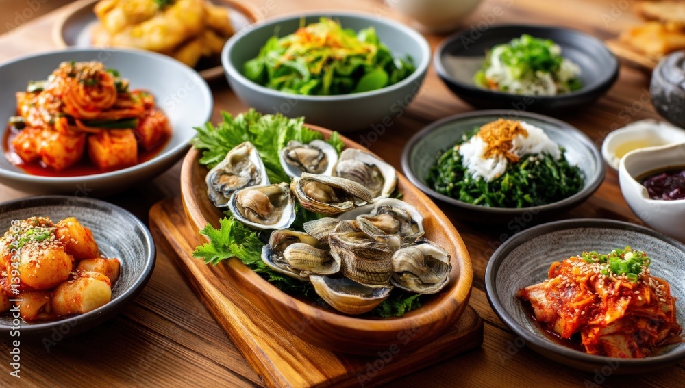 Korean cuisine spread on table with various banchan dishes Korean cuisine spread on table with various banchan dishes
