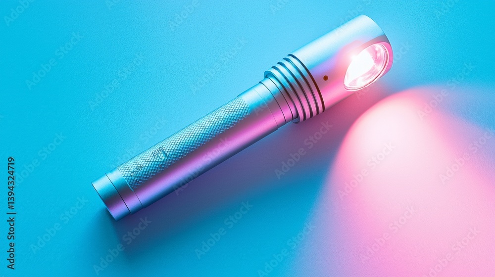 Bright metallic flashlight illuminating a vibrant blue and pink background during a nighttime adventure Bright metallic flashlight illuminating a vibrant blue and pink background during a nighttime adventure