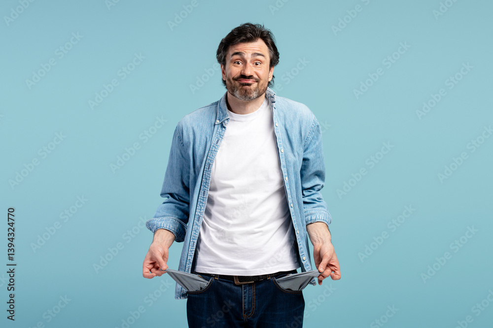 Fototapeta premium Pensive man showing empty pockets on blue background