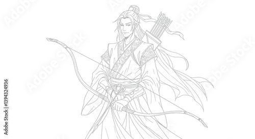Serene Celestial Archer Drawing Wearing Traditional Costume Mythical Chinese Hero Calm Divine Folklore Character