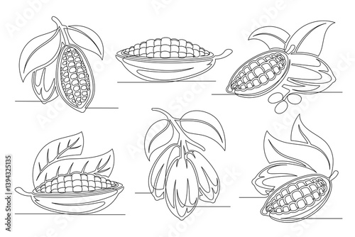 Cacao beans continuous one line drawing set. Outline cocoa pod plant icon collections isolated on a white background. Editable stroke. Vector illustration