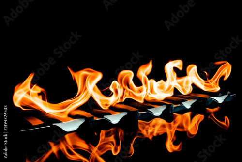 Row of burning matches with vibrant flames against a dark background, creating a dramatic and symbolic visual. The reflection enhances the artistic effect, representing concepts of ignition, passion.