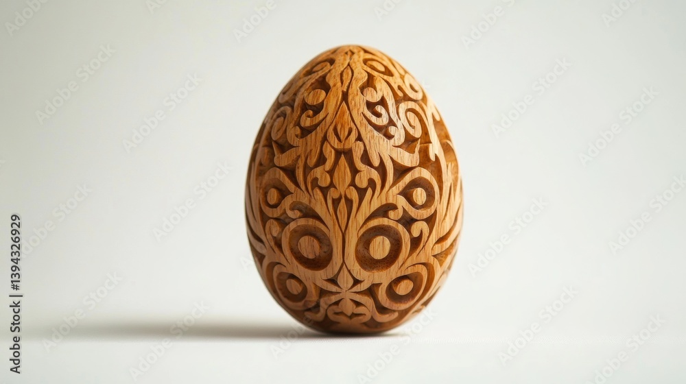 Intricate wooden egg carved with decorative patterns on a neutral background Intricate wooden egg carved with decorative patterns on a neutral background