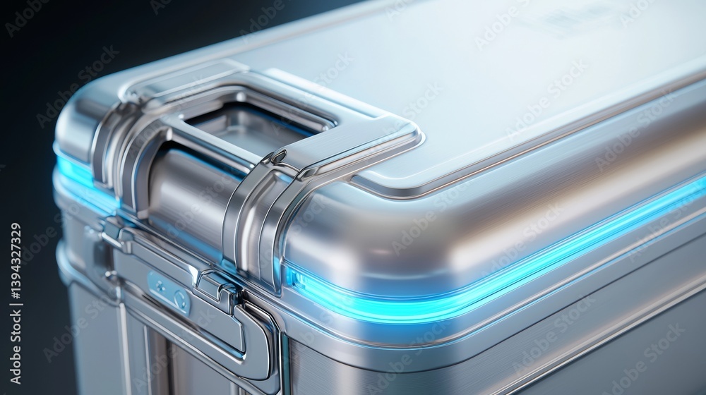 High-tech storage container featuring sleek design and vibrant blue LED lighting in a studio setup