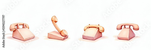 Set of Office Telephone Icon Telecommunication Technology Dial Connection Equipment Work Desk Accessory Watercolor illustration
