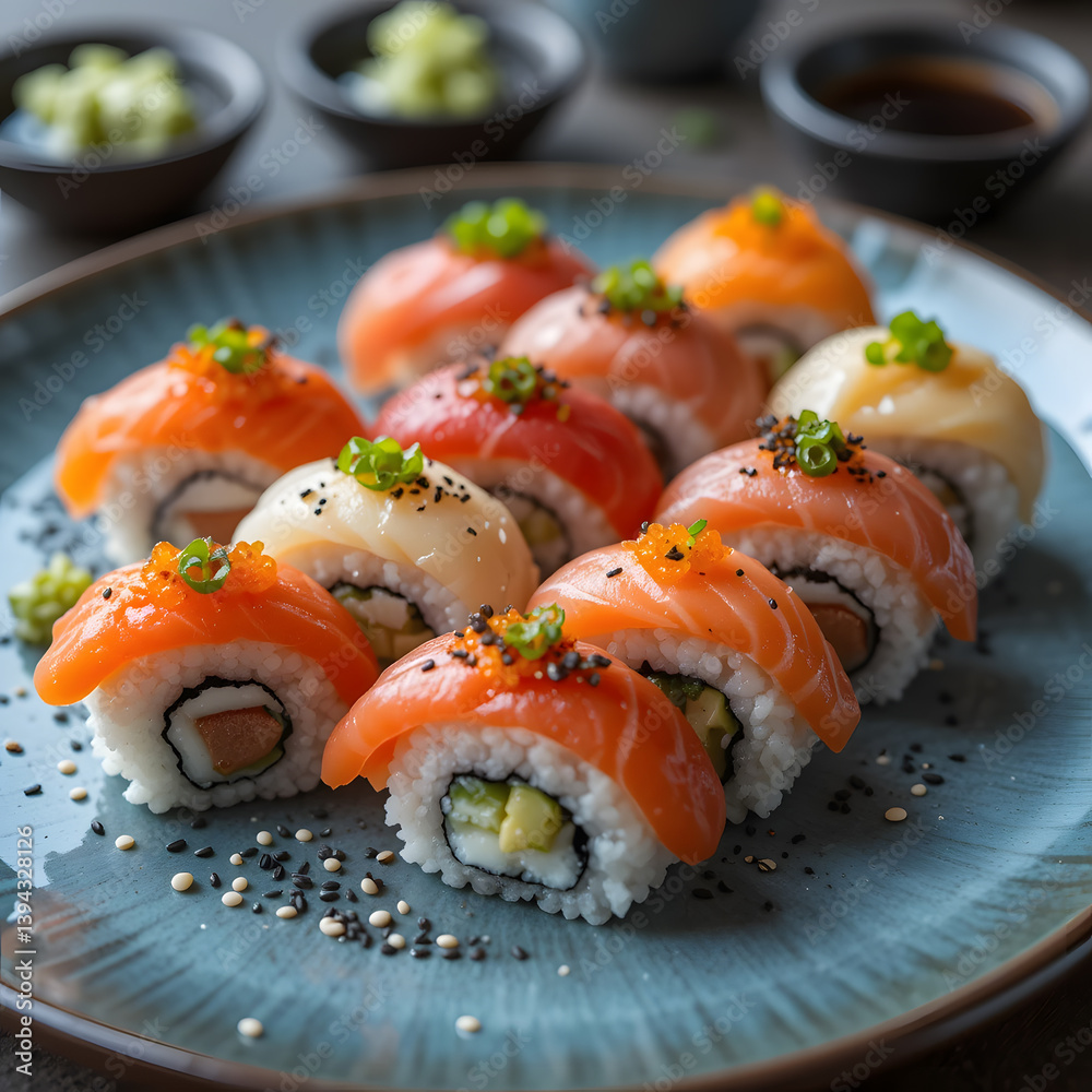 Artisanal Japanese Sushi Selection on Traditional Ceramic Artisanal Japanese Sushi Selection on Traditional Ceramic
