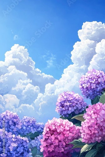 Vibrant hydrangea blossoms under a vibrant summer sky