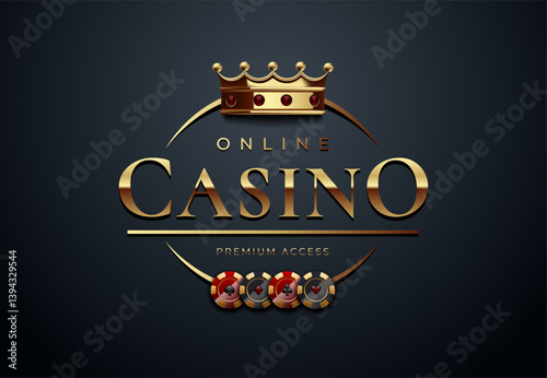 Luxury online casino logo with a golden crown and poker chips on a dark gray background. Ideal for gambling websites, casino branding, and premium poker events. Premium vector design