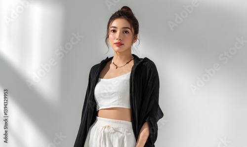Young woman posing in stylish outfit against white wall with shadows, fashion shoot