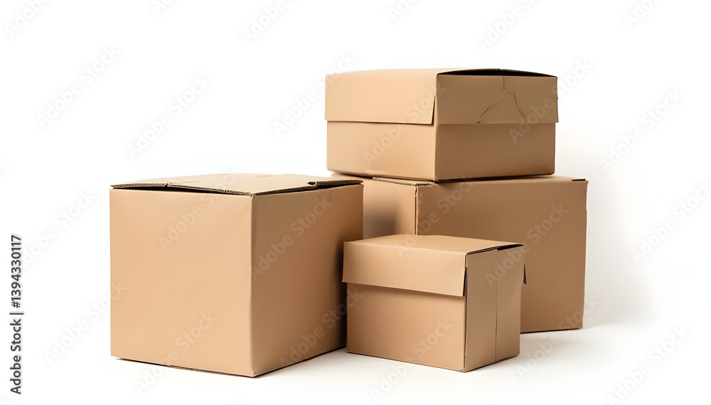 Stacked brown cardboard boxes in various sizes arranged on a white background Stacked brown cardboard boxes in various sizes arranged on a white background