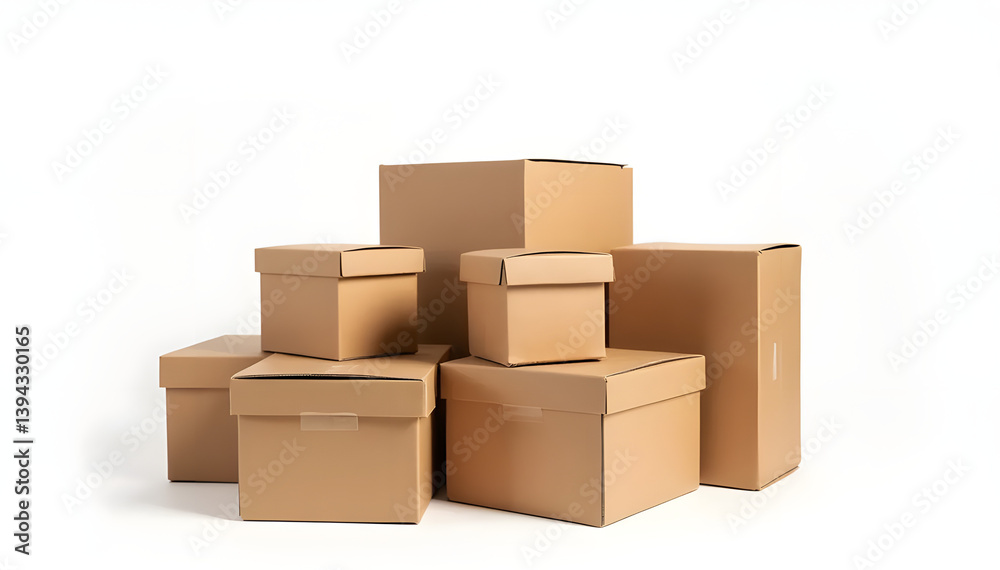 Stacked brown cardboard boxes in various sizes arranged on a white background Stacked brown cardboard boxes in various sizes arranged on a white background