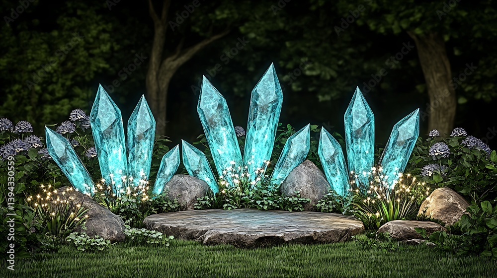 Large glowing crystals are displayed in a mystical garden scene
