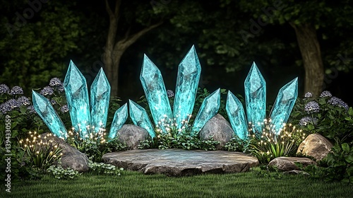 Obraz na płótnie Large glowing crystals are displayed in a mystical garden scene w salonie