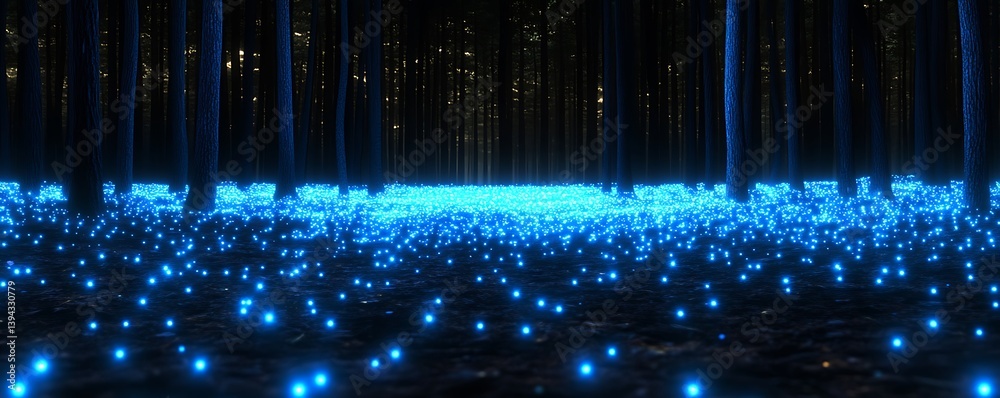 A dark forest floor glowing with many blue illuminated points