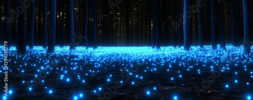 Obraz na płótnie A dark forest floor glowing with many blue illuminated points w salonie