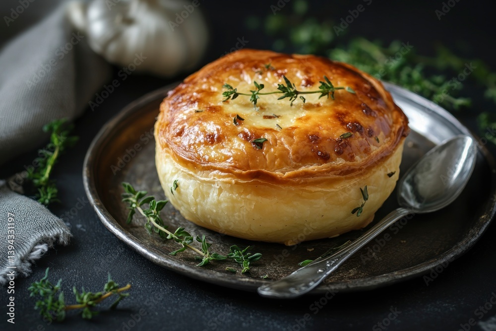 Serving Individual Pot Pie with Thyme on Rustic Silver Plate Serving Individual Pot Pie with Thyme on Rustic Silver Plate