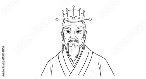 Calm Wise Chinese Mountain King Illustration With Serene Expression Dressed In Simple Traditional Robe Folklore Figure