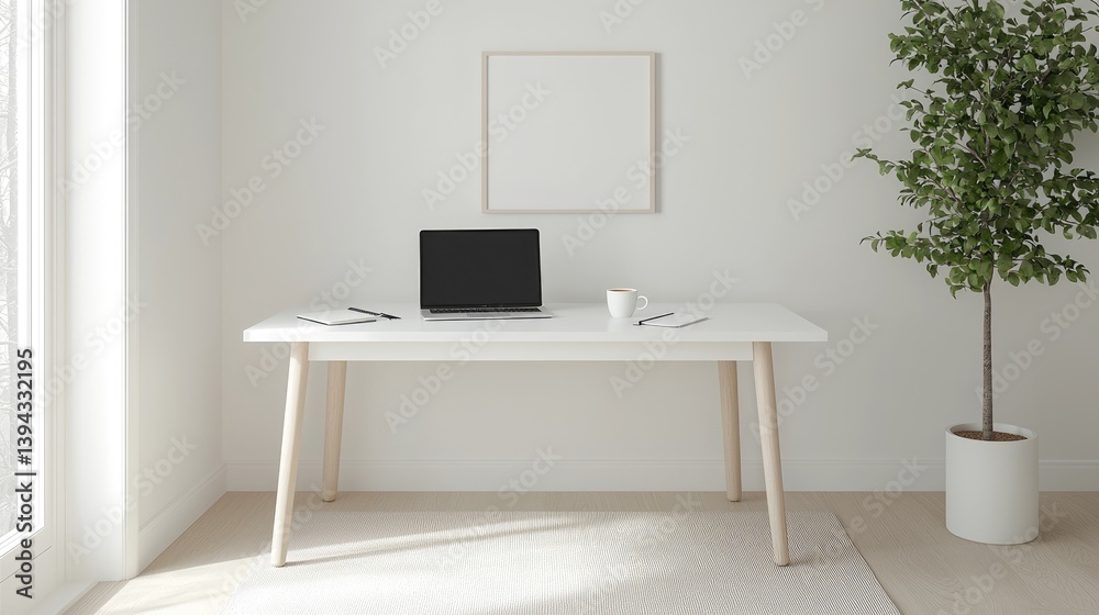 Minimalist home office workspace with a laptop, plant, and blank frame Minimalist home office workspace with a laptop, plant, and blank frame