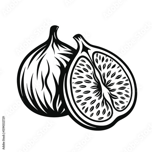 Stylized Figs, One Cut in Half Revealing Seeds, Black and White Food