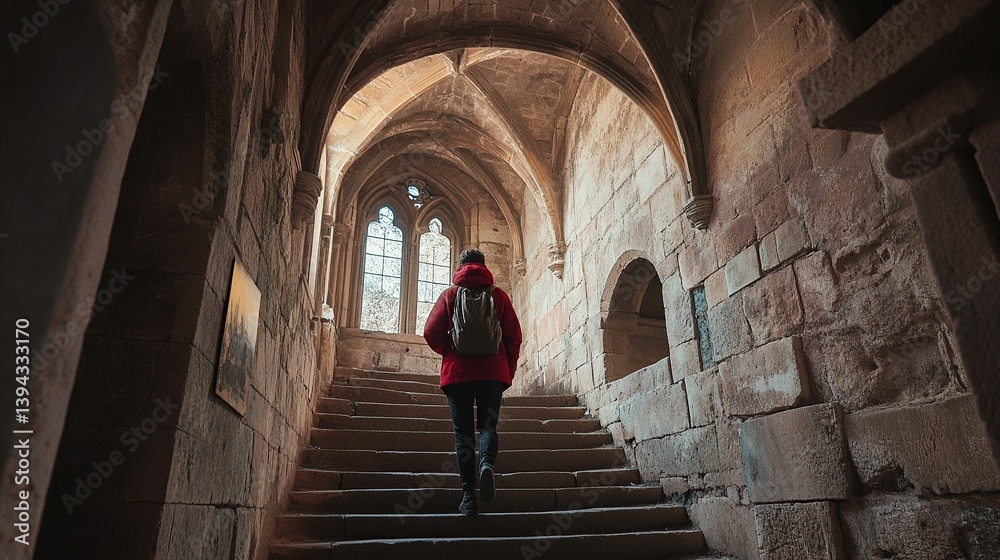A person walks up a historic staircase in a beautiful stone hallway. The ambiance suggests adventure and exploration. The light filters through the windows. Generative AI A person walks up a historic staircase in a beautiful stone hallway. The ambiance suggests adventure and exploration. The light filters through the windows. Generative AI