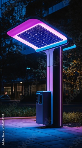 Obraz na płótnie Captivating solar charging station illuminated in vibrant colors. A modern solution for sustainable energy needs. Embrace green technology and innovation. Generative AI w salonie