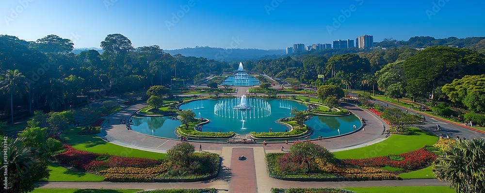 A beautiful landscaped park featuring fountains and abundant green spaces