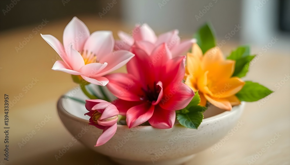 close up of a bowl of flowers on a table close up of a bowl of flowers on a table